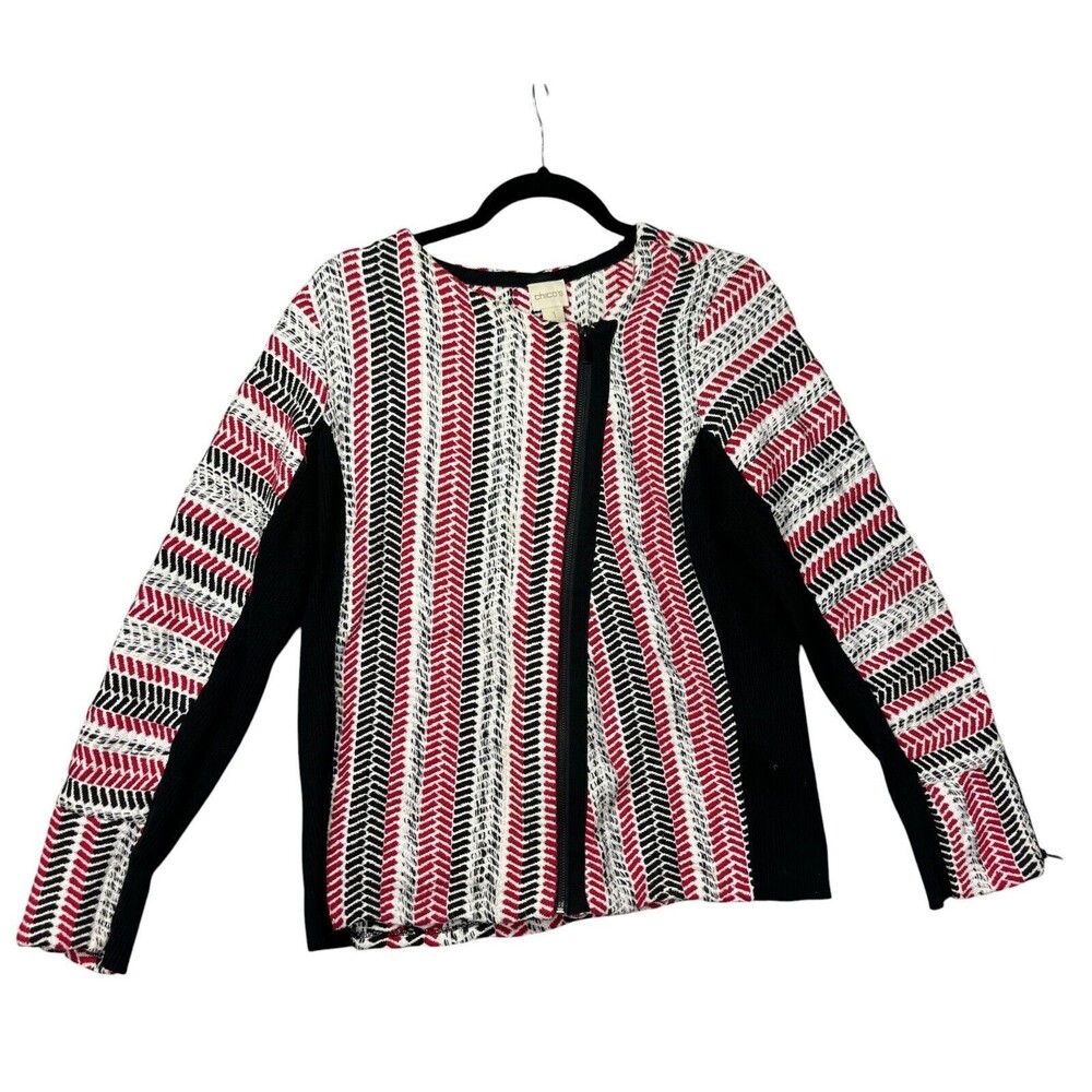 Chico’s Jacket Womens 1 Medium Red Asymmetrical Textured Sofia Zip Moto Cardigan